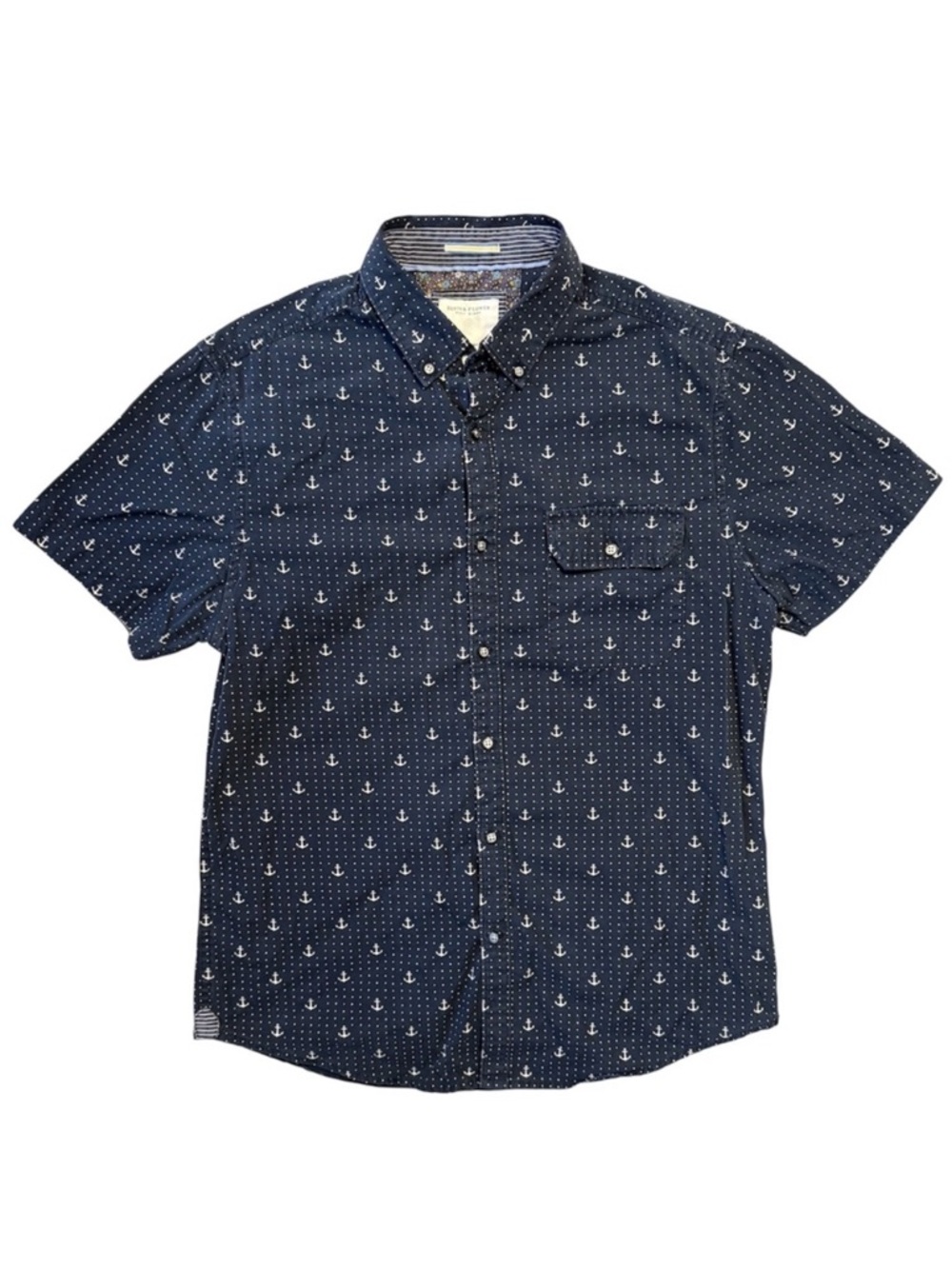 Denim & Flower Ricky Singh Mens Navy Blue Anchor Polka Dot Button Down Shirt Med